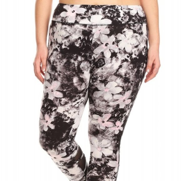 BLACK/GREY/PINK FLORAL MID-RISE LEGGING W/ STRAPPY MESH PANELS #7L18-02 - Picture 4 of 13